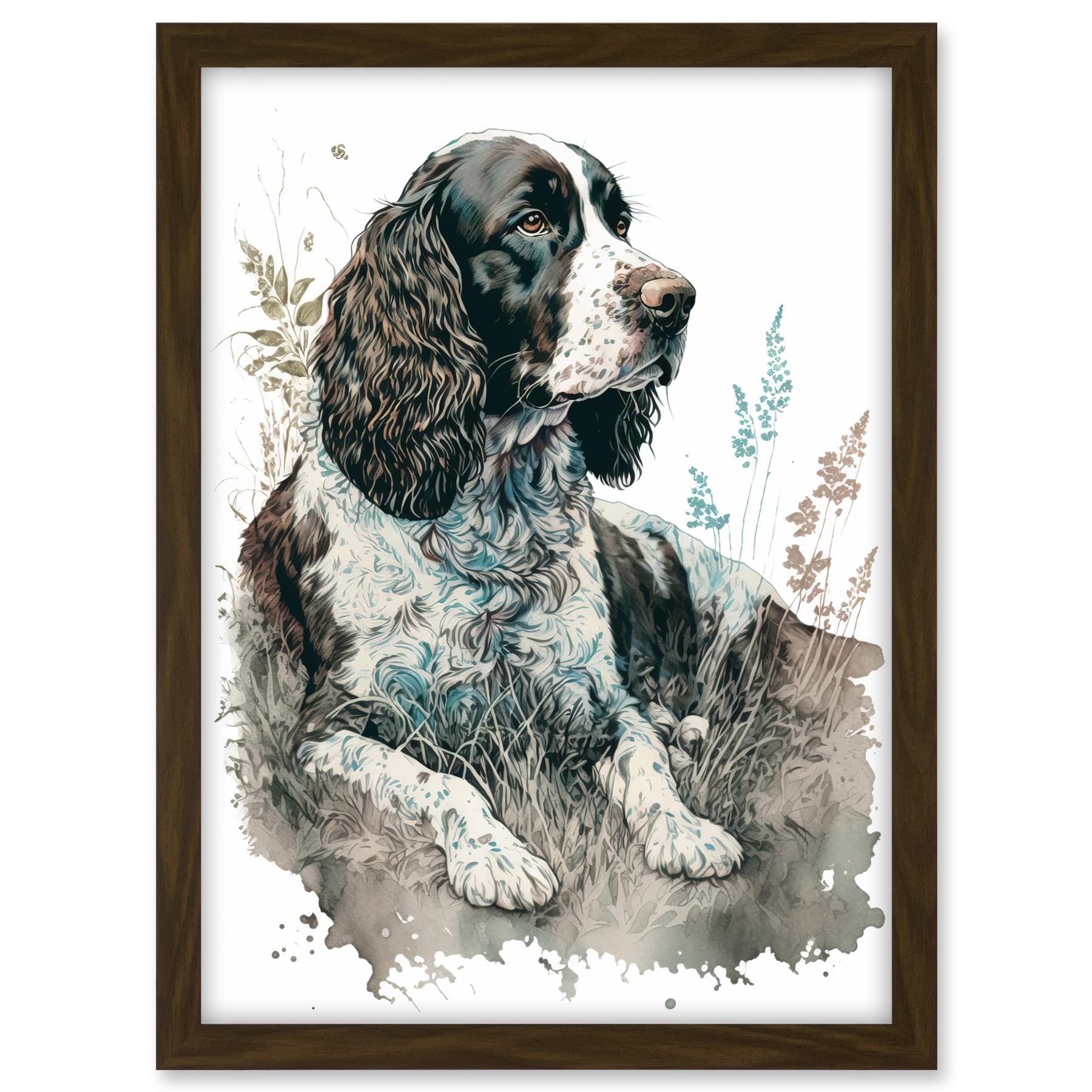 Artery8 English Springer Spaniel Dog Lying in Field Modern Watercolour Illustration Artwork Framed A3 Wall Art Print
