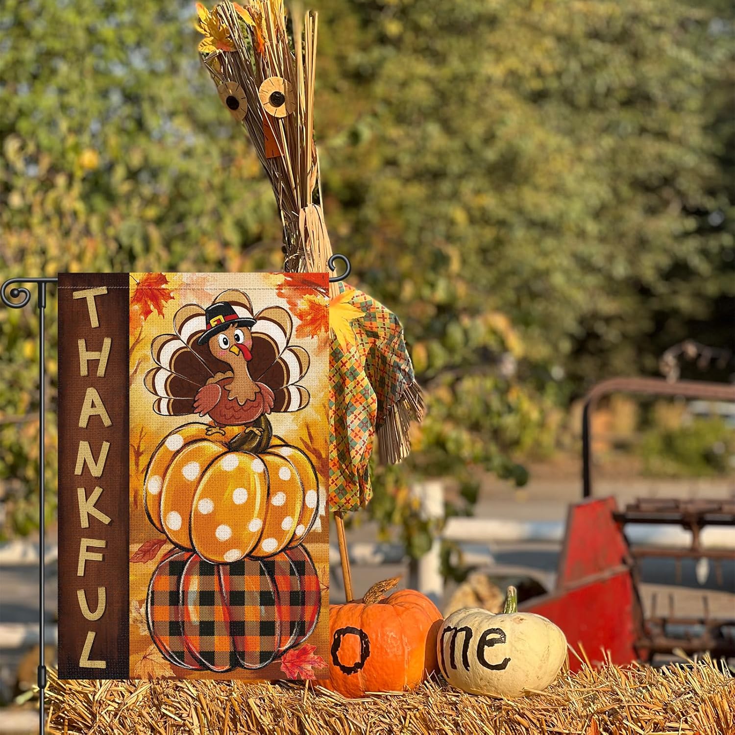 Heyfibro Thanksgiving Garden Flag 12x18 Inch Double Sided Thankful Turkey Pumpkin Flag Burlap Small Seasonal Fall Garden Flags for Outside House Farmhouse Yard Harvest Autumn Decoration - Image 3