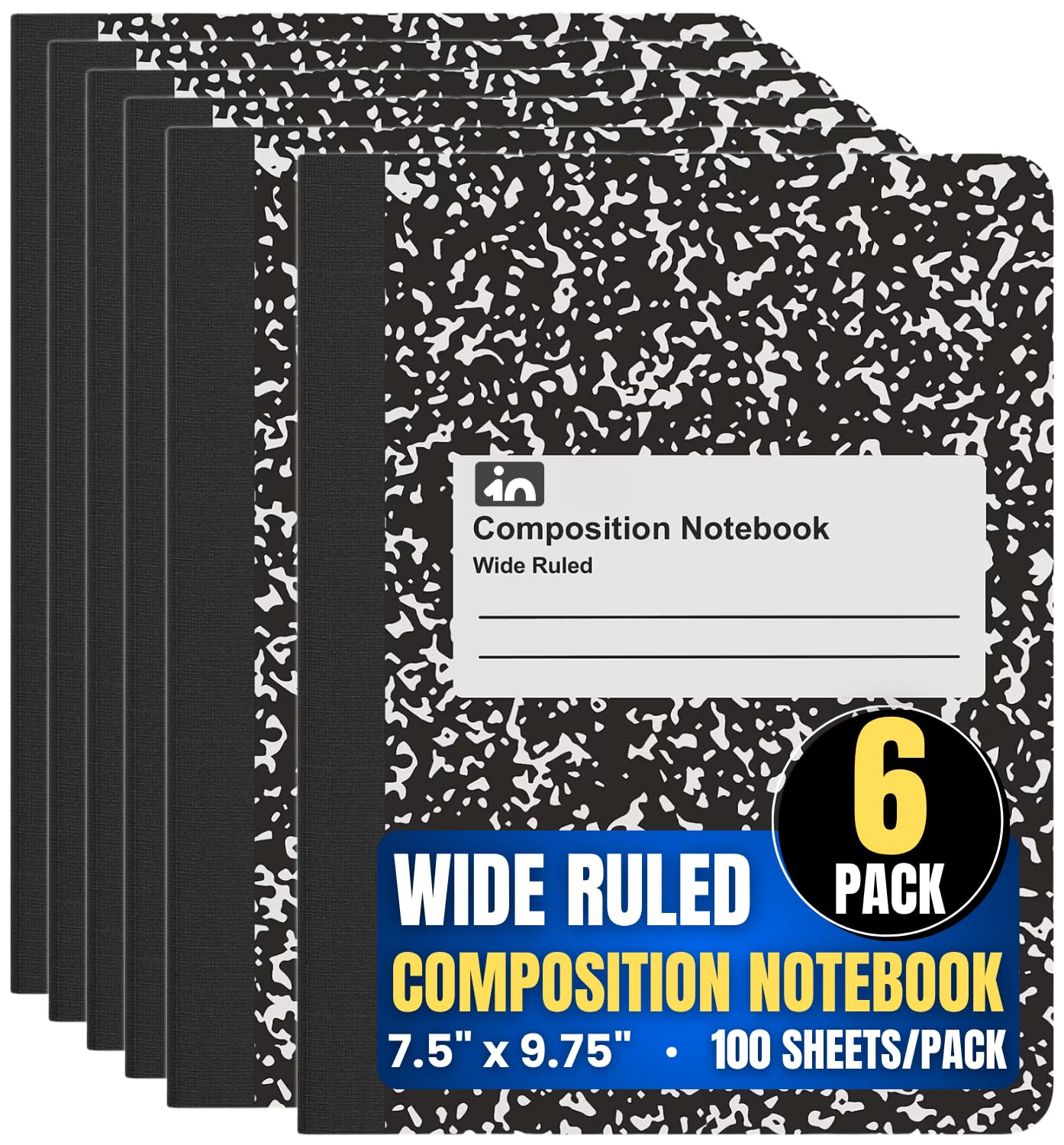 1InTheOffice Composition Notebook, Marble Composition Notebook, Wide Ruled Black Marble Cover, 9.75" x 7.5", 100 Sheets/Pack (6)