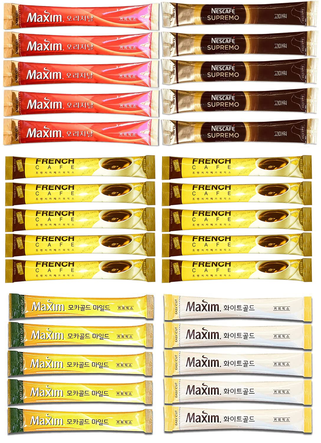Instant Coffee Mix Packets Single Serve - Korean Variety Sampler 30 Sticks of 5 Different Flavors Assortment Mocha White Mocha Hazelnut Original Maxim French Café by Unha's Asian Snack Box -