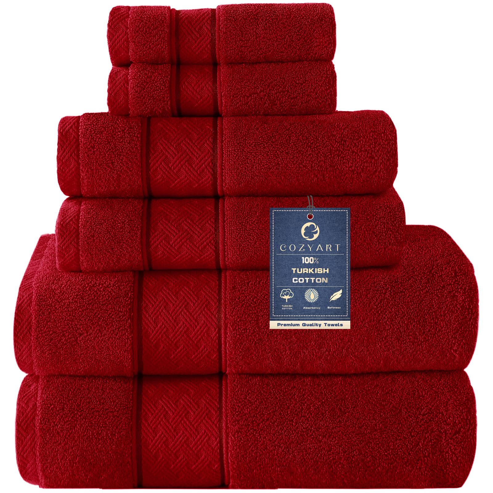 COZYART Rotes Badetuch-Set, 6-teilig, luxuriös, 100% türkische Baumwolle, 650 g/m², Hotelqualität, weich, saugfähig, Handtuch-Sets für Badezimmer, 2 Badetücher, 2 Handtücher, 2 Waschlappen