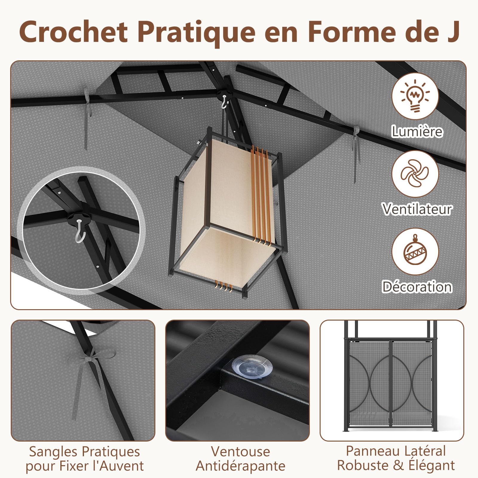 COSTWAY Tonnelle de Barbecue 3 Pcs avec 2 Tabourets de Bar, Abri avec Plateau en Verre Trempé Étagères en Métal Auvent à Double Toit, pour Jardin Cour, 194 x 121 x 242 cm (Gris)
