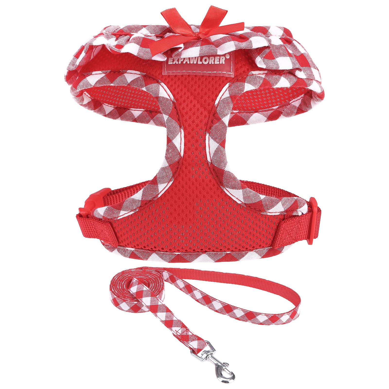 EXPAWLORER Cute Dog Harness and Leash Set - Red Girl Dog Harness Checkered Step-in Design, Easy Adjustable No-Choke Lightweight Breathable Vest for Puppy Small Dogs Cats Outdoor Walking, X-Small
