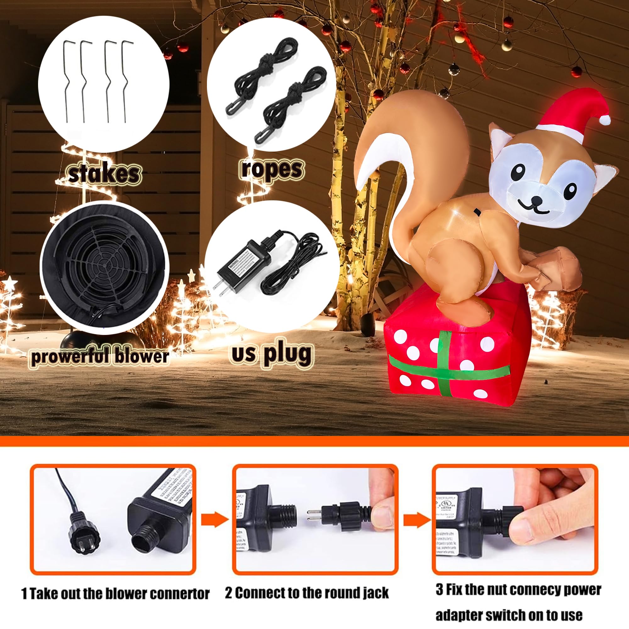 JOYEASE Écureuil gonflable de Noël de 1,5 m debout sur une boîte cadeau, décorations de Noël gonflables à DEL pour fête, intérieur ou extérieur