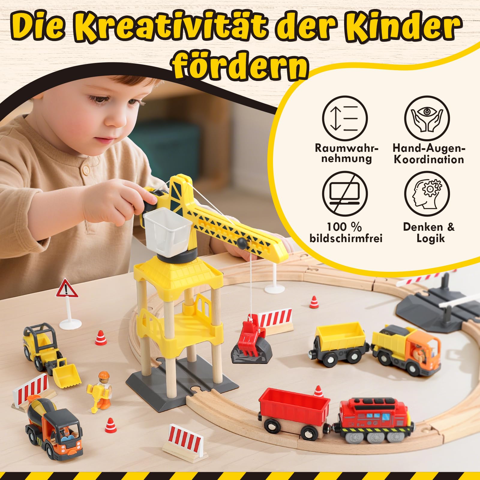 Lehoo Castle Holzeisenbahn, Elektrische Lok und Kran, Kinder ab 3 Jahre | 68 Teile, Elektrischer Zug, 360 Grad Magnetkran, Kompatibel mit Holzschienen, Baustellenfahrzeuge, Geschenk ab 3 Jahre