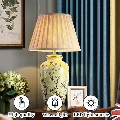 Miniatura 3 de Lámpara de mesa de cerámica con diseño de flores y pájaros, 27 chinoiserie, lámpara de mesa clásica para mesita de noche, mesita de noche