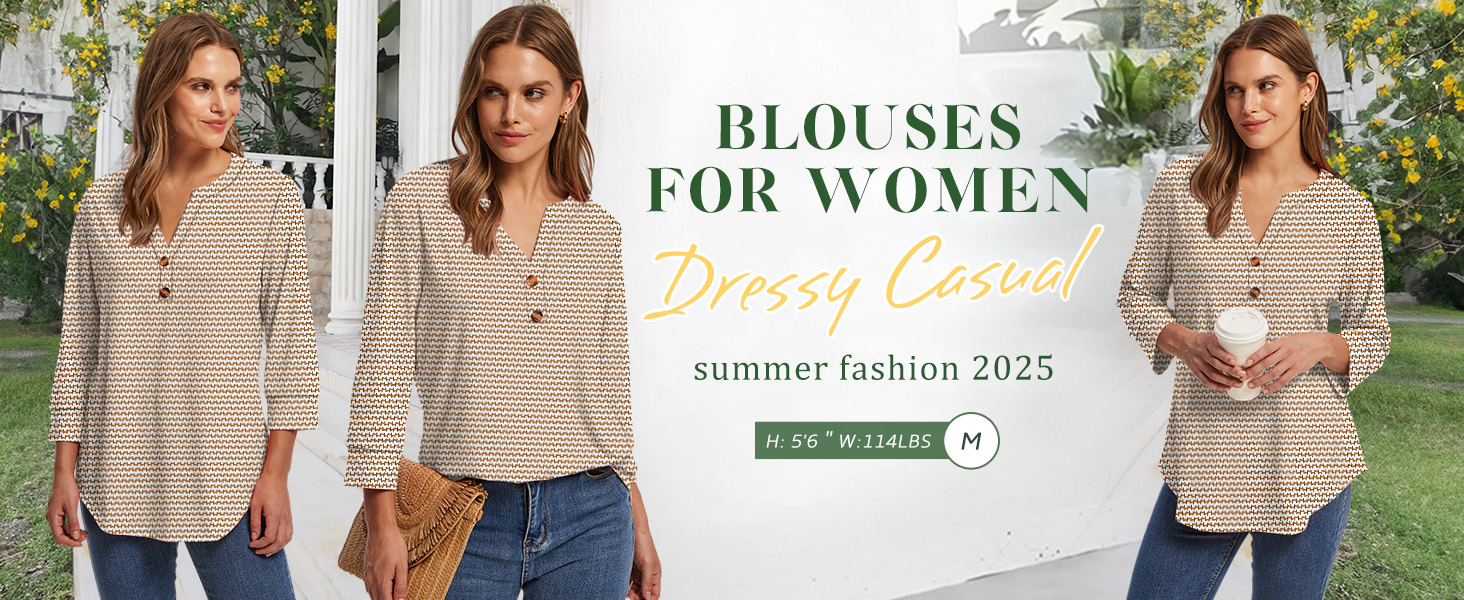 ladies casual dress tops OFEEFAN Spring Outfits for Women Summer Shirts Cute Trendy 3/4 Length Sleeve Women's Clothing Beige S at Amazon Women's Clothing store summer smart casual dress Homecoming Dress Date Night womens dress and skirts This Tshirt Dress fabric Sleeve:Full Sleeve