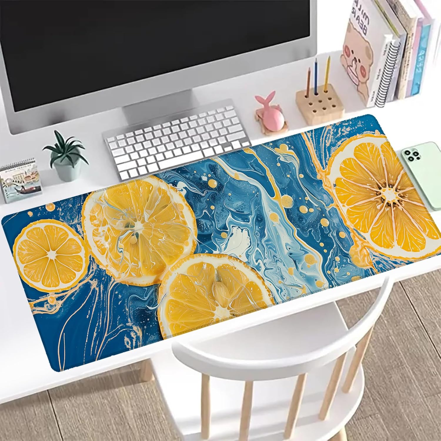 Abstract Lemon Gaming Mouse Pad, Office Desk Mat, Anti-Slip Rubber Base Cool Aesthetic Mouse Pads for Computer Laptop Keyboard School Home Desktop Gamer Home Accessories Decor 31.5" x 11.8"