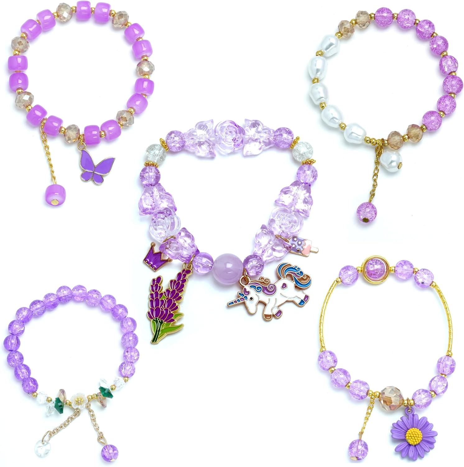 5PCS Beaded Charm Bracelets for Girls Unicorn Dainty Kawaii Crystal Beads Bracelets Set for Teens Girls Adjustable Stretch Bracelet Birthday Graduation Gift For Daughter Niece Granddaughter