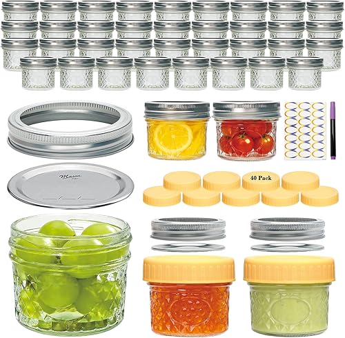 Flrolove - Tarros Mason de 4 onzas, paquete de 40 tarros de envasado con tapas regulares, tarros Mason mini ideales para mermelada, jalea, miel,