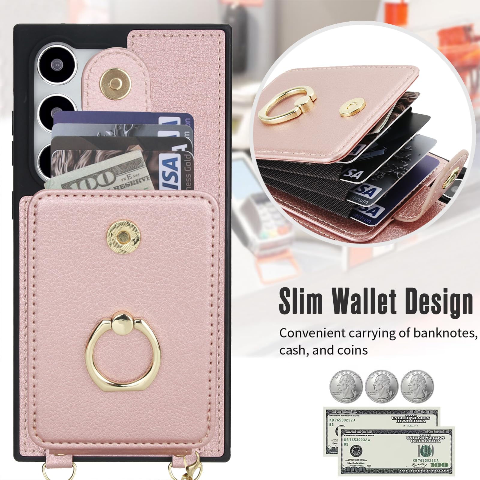 Custodia a portafoglio per Samsung Galaxy S24 Ultra 5G, chiusura magnetica rimovibile, con anello, cavalletto a tracolla, compatibile con MagSafe RFID Blocking S24Ultra, da donna, oro rosa