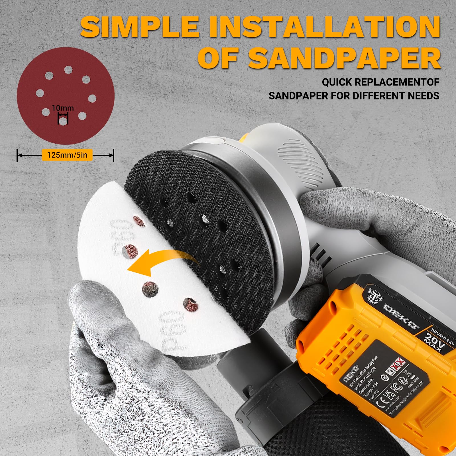 DEKOPRO Lijadora Orbital Inalámbrica sin Escobillas 20V, 12.000 rpm, Incluye 16 piezas de lija 125 mm, con luz de Trabajo LED (Batería de 2,0 Ah incluida), Apta para lijado y carpintería