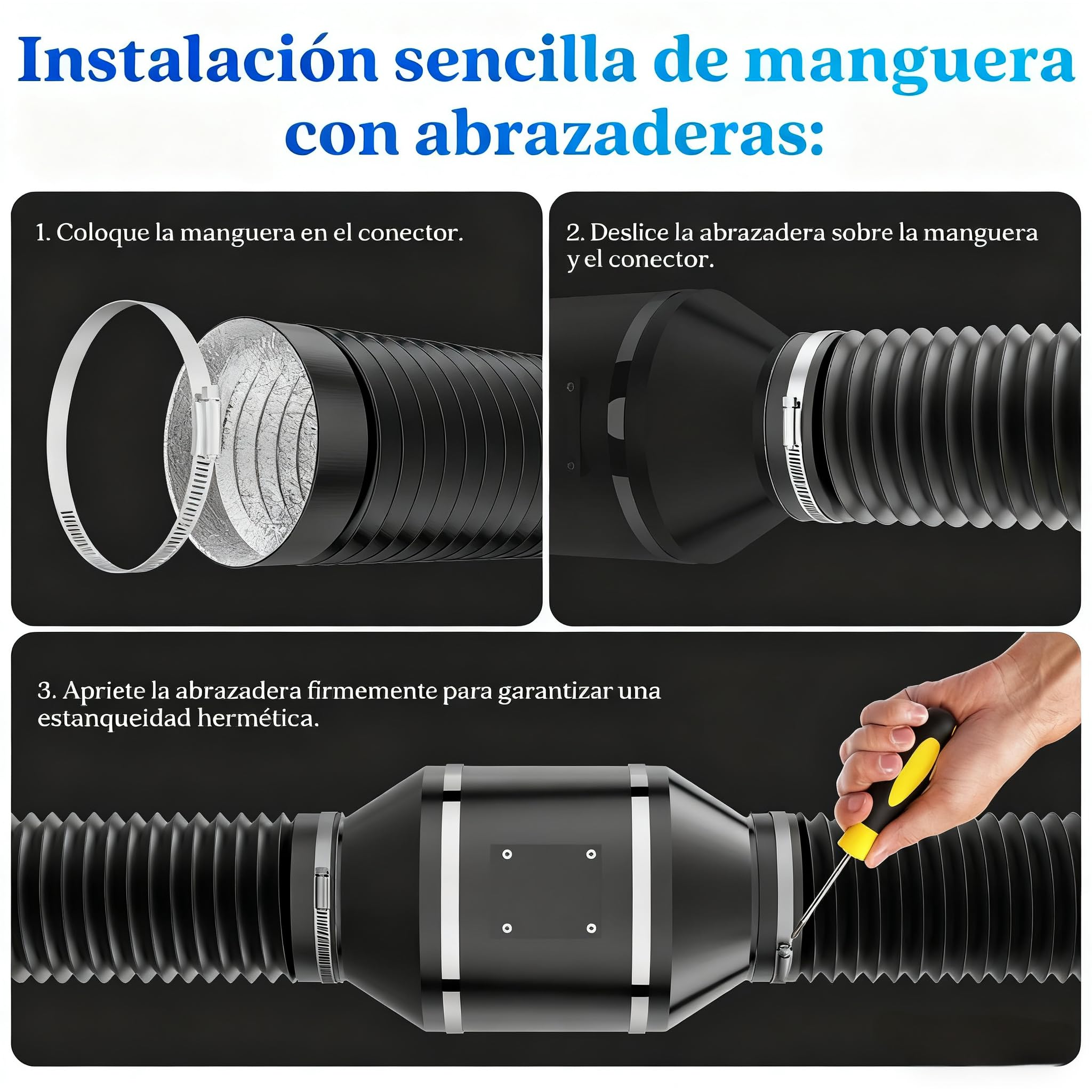 Tubo Ventilación 150mm 5m Negro, Tubo Flexible Aluminio 5 Capas, Silencioso y Resistente al Calor, con Abrazaderas, para Aire Acondicionado Portátil, Cocina, Extractor y Ventilación