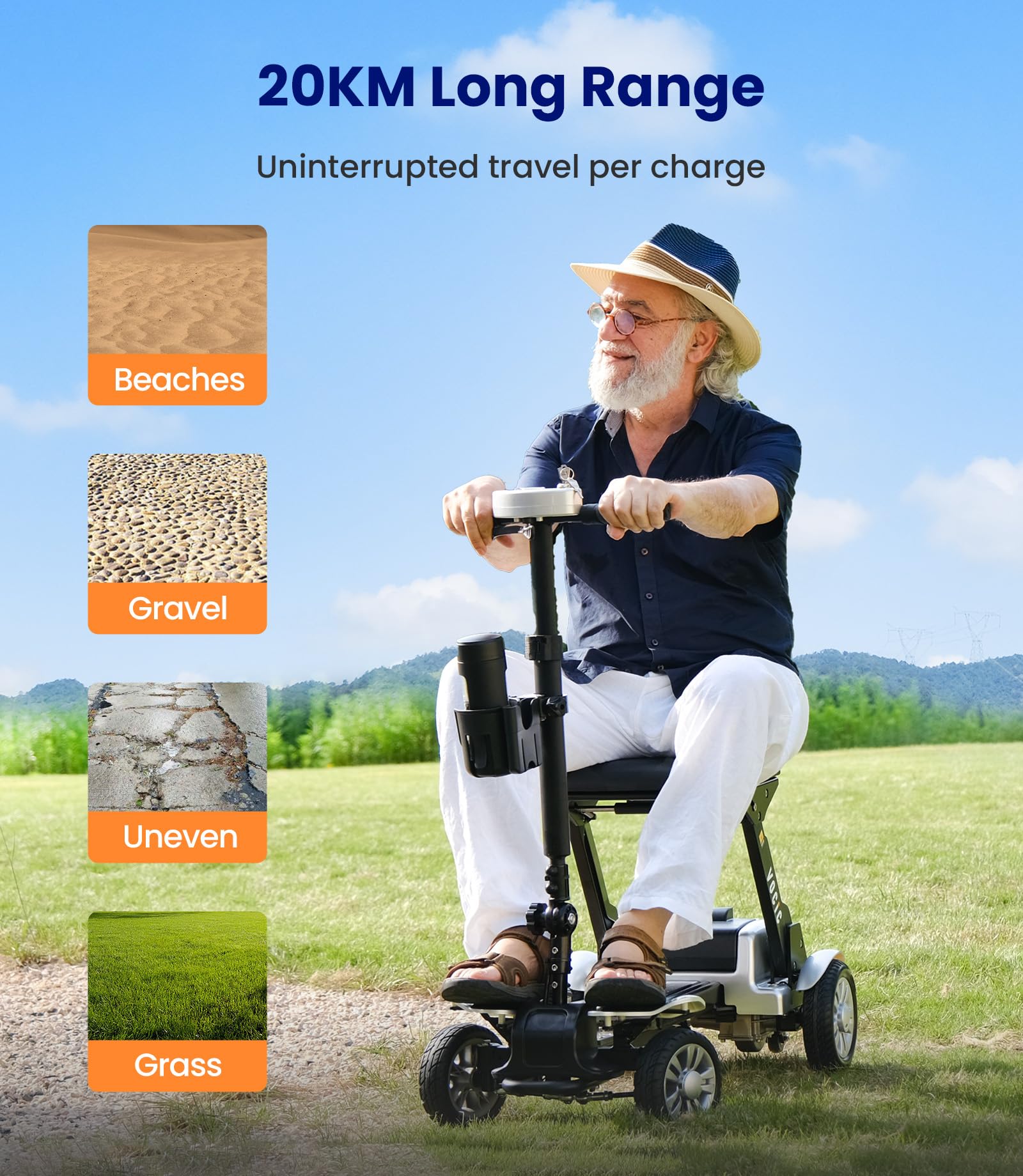 VOCIC D71 Scooter de movilidad ultraligero de carbono plegable 21 kg | 20 km de autonomía, soporta hasta 150 kg, marco ajustable, fácil de transportar y apto para viajar en avión, Plata