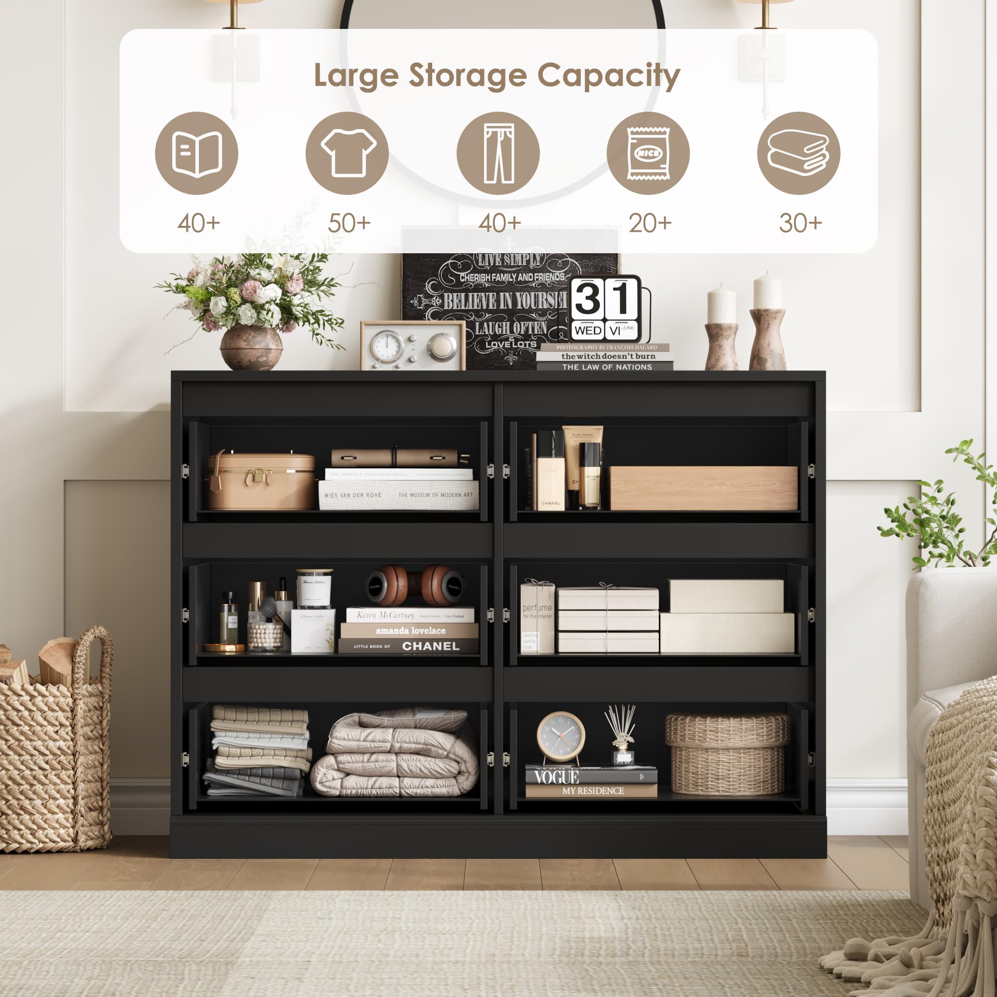 HOSTACK 6-Drawer Dresser with all drawers open, demonstrating large storage capacity for various items like books, clothes, and accessories.