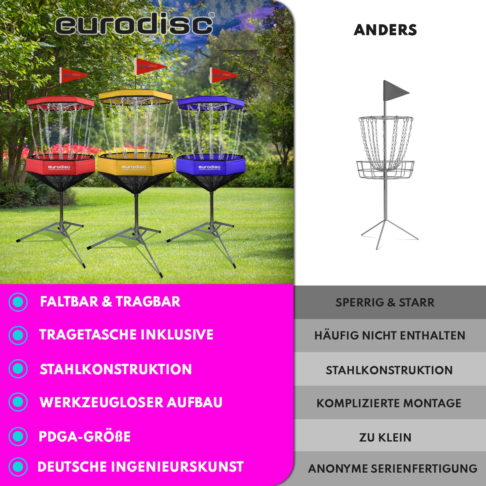 eurodisc Disc Golf kosz Chainwalker, Disc Golf Target - wysokość: 140 cm - przenośny, przenośny, lekki i do złożenia - w zestawie torba do przenoszenia