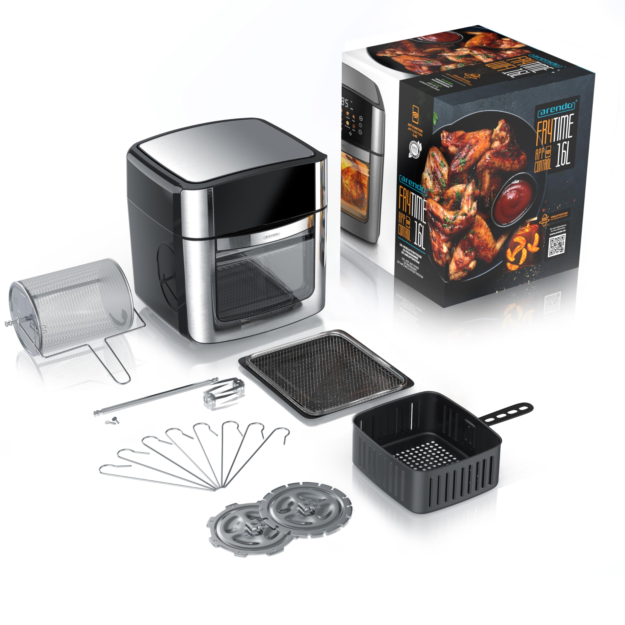 Arendo - Wlan Heißluftfritteuse XXL 16 Liter - Smart WiFi mit App - extra Groß 16 Liter - Backofen Umluft - Grill - Dörrautomat - Air Fryer - Easy&Clean - Fritteuse ohne Öl - Pizza Hähnchen Pommes