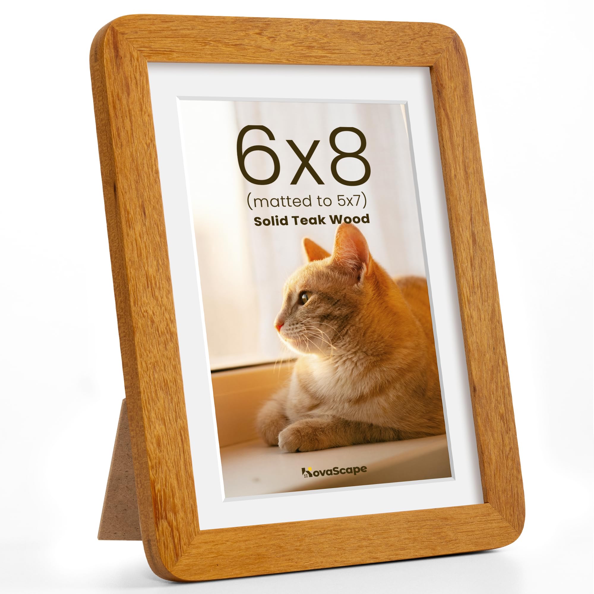 KovaScape 6x8 Picture Frames, Solid Teak Wood with Mortise and Tenon Joinery, Handcrafted Photo Frame with Mat for 5x7, High-Definition Tempered Glass, Wall or Tabletop Display