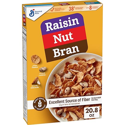 Raisin Nut Bran Cereal, High Fiber Cereal, Made with Whole Grain, 20.8 oz