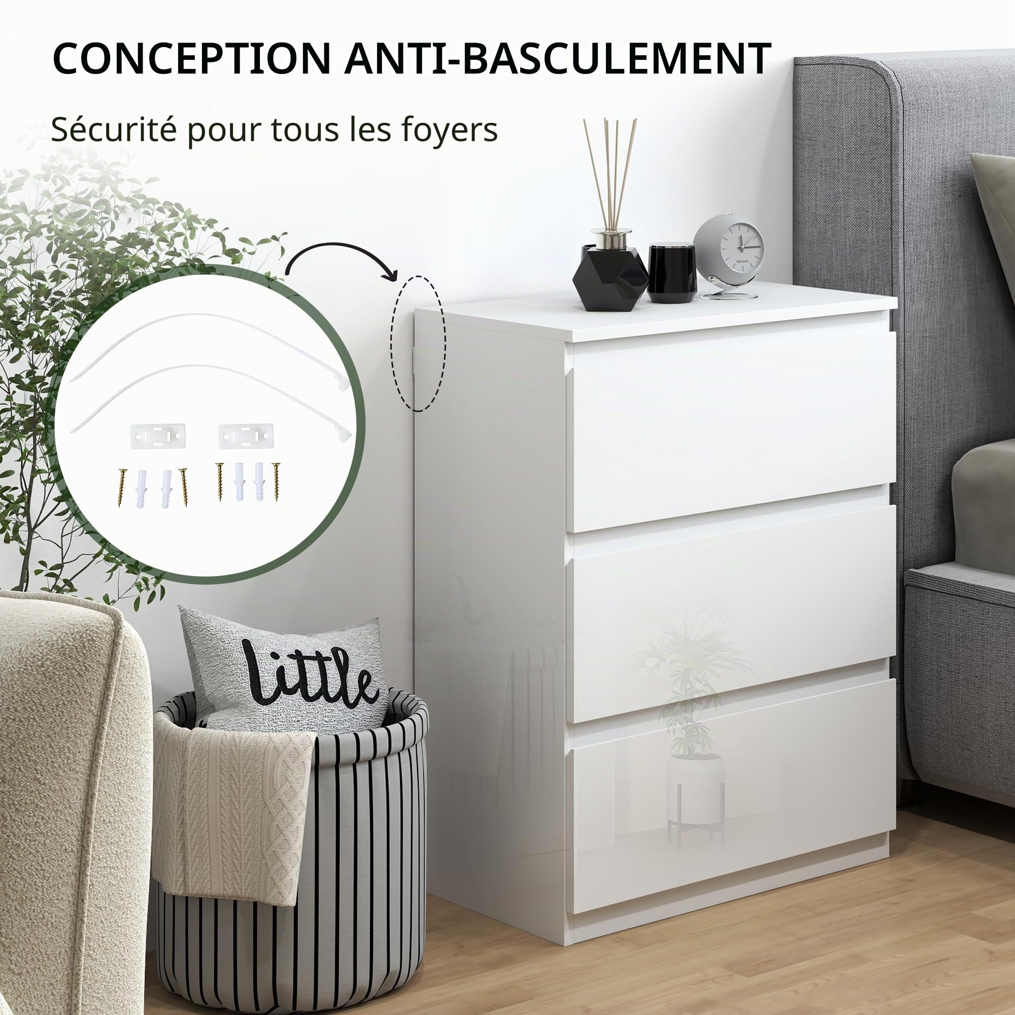 HOMCOM Commode 4 tiroirs 55x34x75cm Blanc Brillant