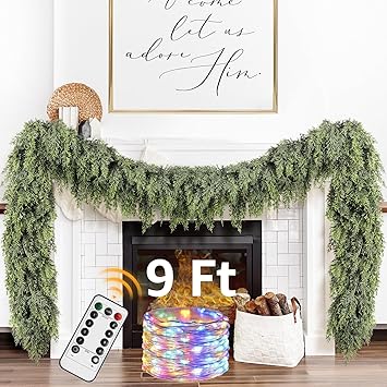 Cedar Christmas Garland with Lights for Mantle - Decorations 9ft Realistic Lighted Faux Pine Garlands for Xmas Home Decoration Indoor Stairs Railing Fireplace Outdoor 9 ft Prelit Garland Door Decor