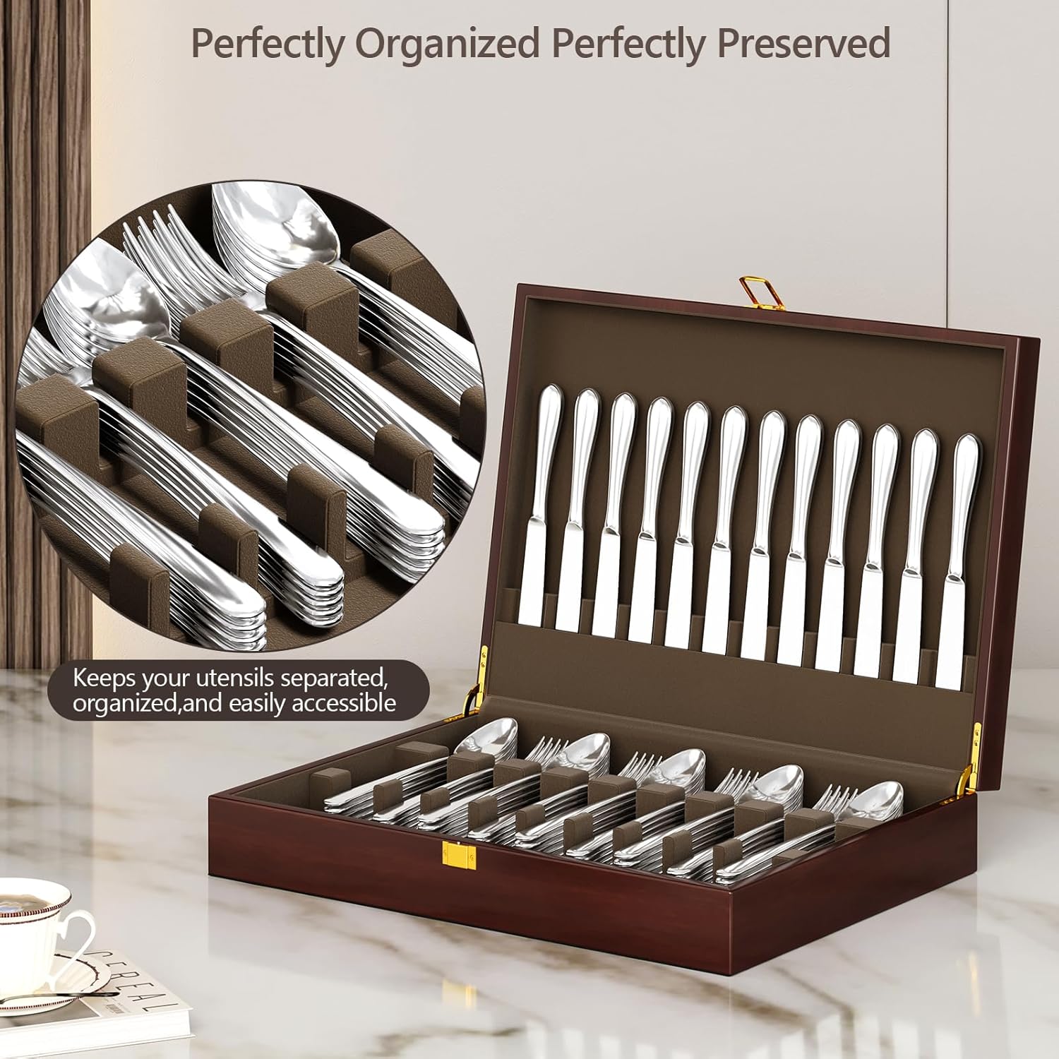 Walnut Silverware Storage Box,Silverware Flatware Case with Felt Lined,Silverware Chest without Silverware,Silverware Organizer with Lid,Flatware Storage Box for 12 sets of Utensils（Brown） - Image 4