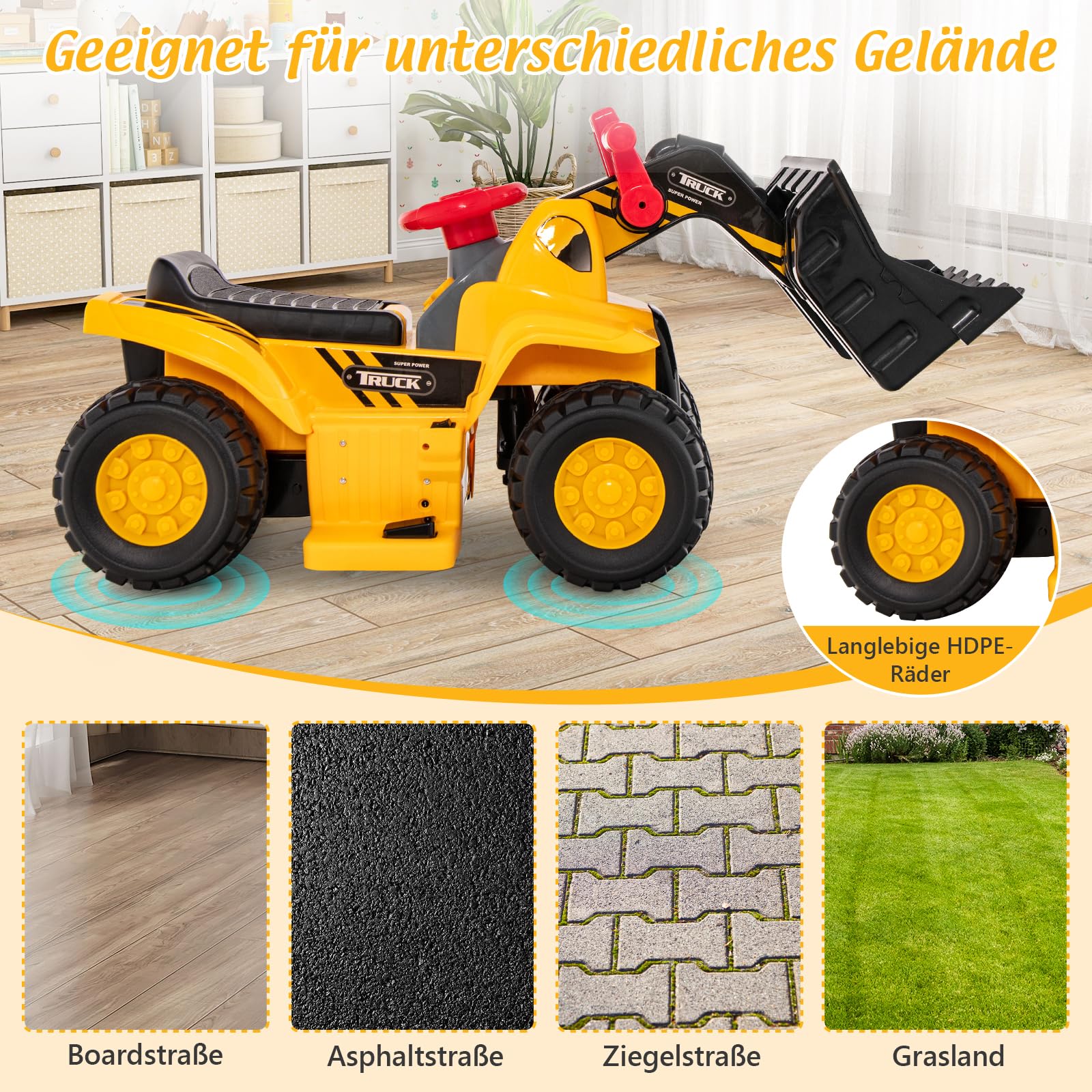 DREAMADE Bagger zum draufsitzen, Elektro Sitzbagger mit Internem Stauraum, Kinderbagger mit Basketballkorb & Sound-Tasten & 3 Bällen, Sandbagger Aufsitzbagger für Kinder ab 2 Jahren