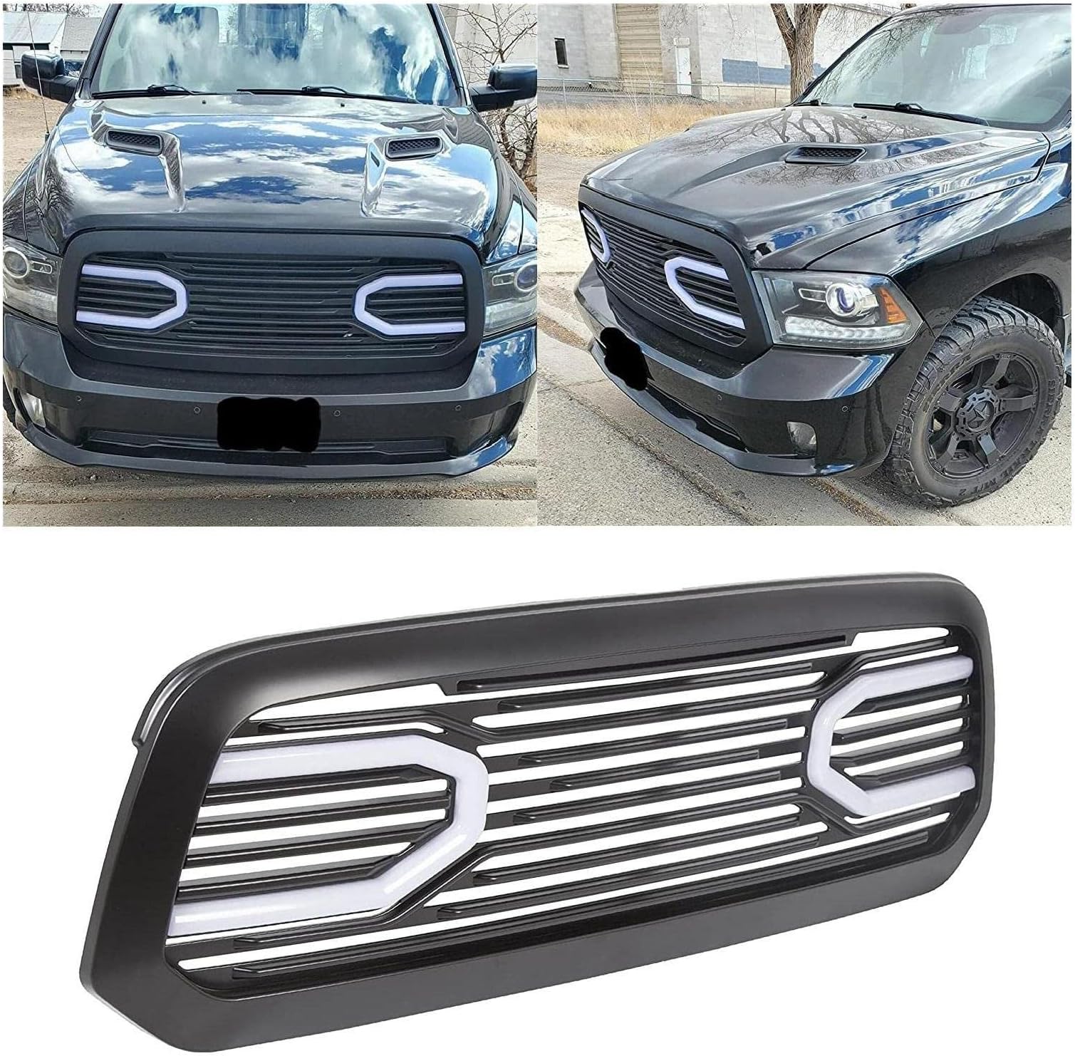 ECOTRIC Black Front Big Horn Grille Replacement Shell Grille Compatible With 2013-2018 Dodge RAM 1500 (W/Light)