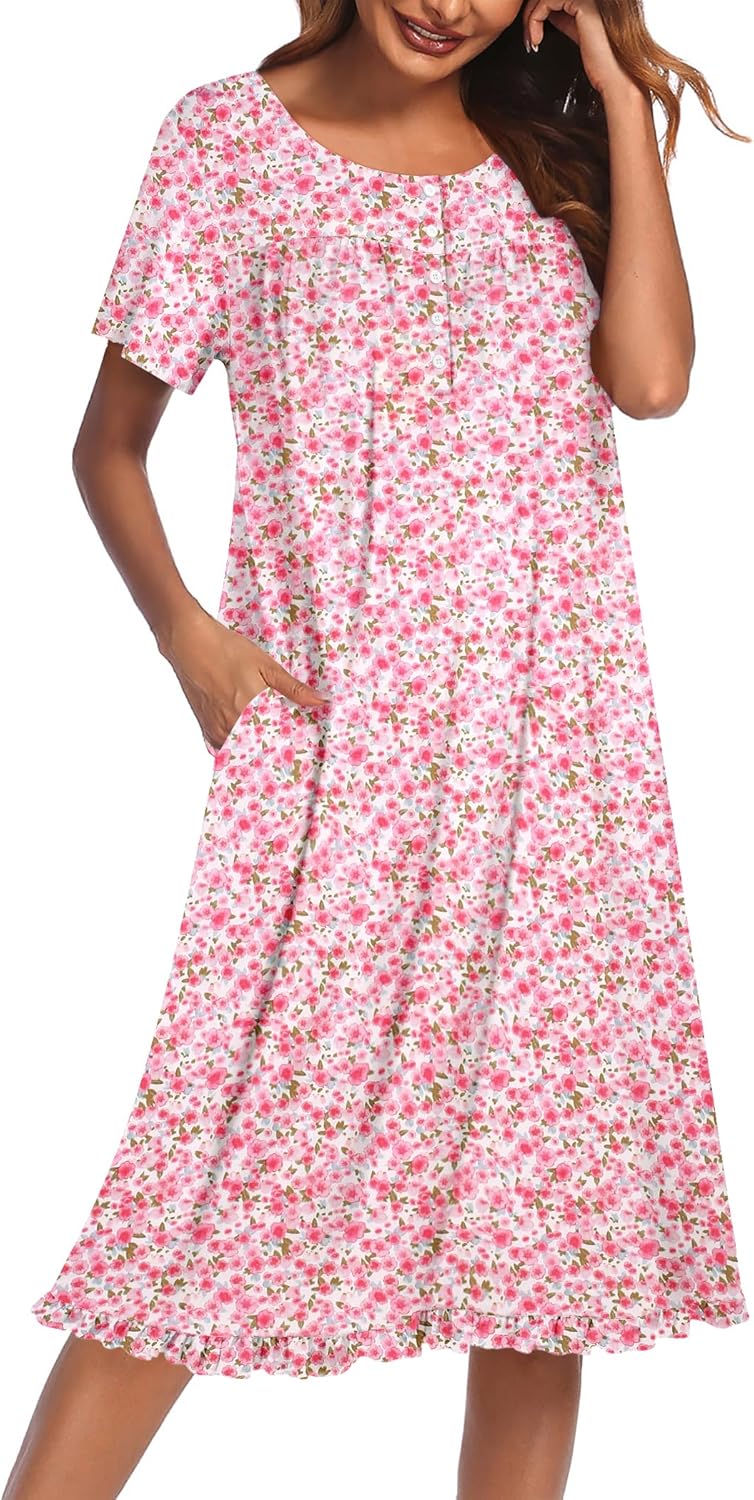 Nightgowns with pockets and button front short sleeve floral print