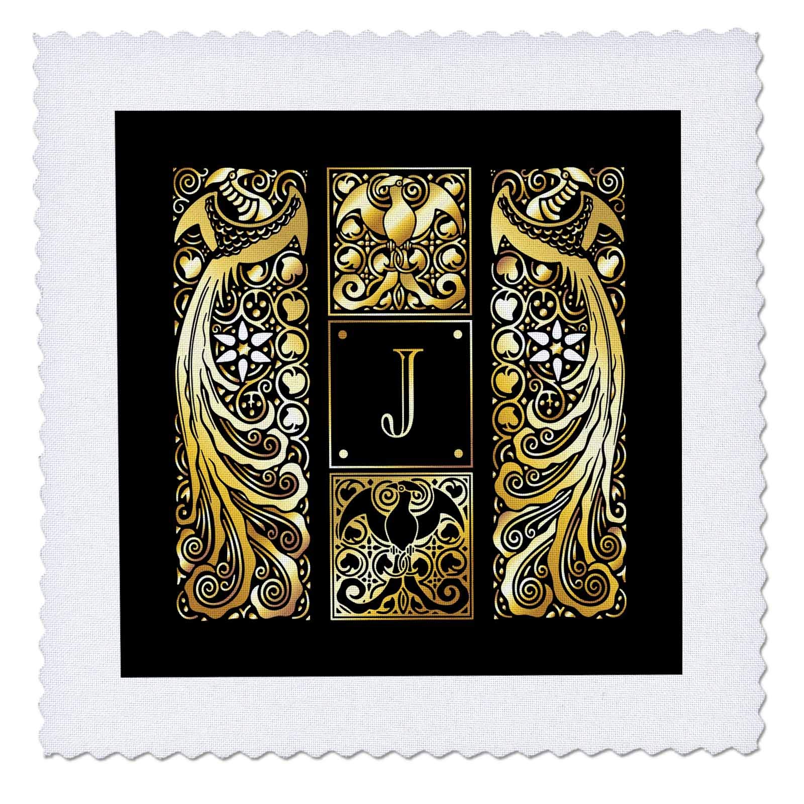 16x16 inch Quilt Square - Image of Art Nouveau Peacocks- Monogram Letter J- not foil Embossed Monograms-Peacocks- Letter J