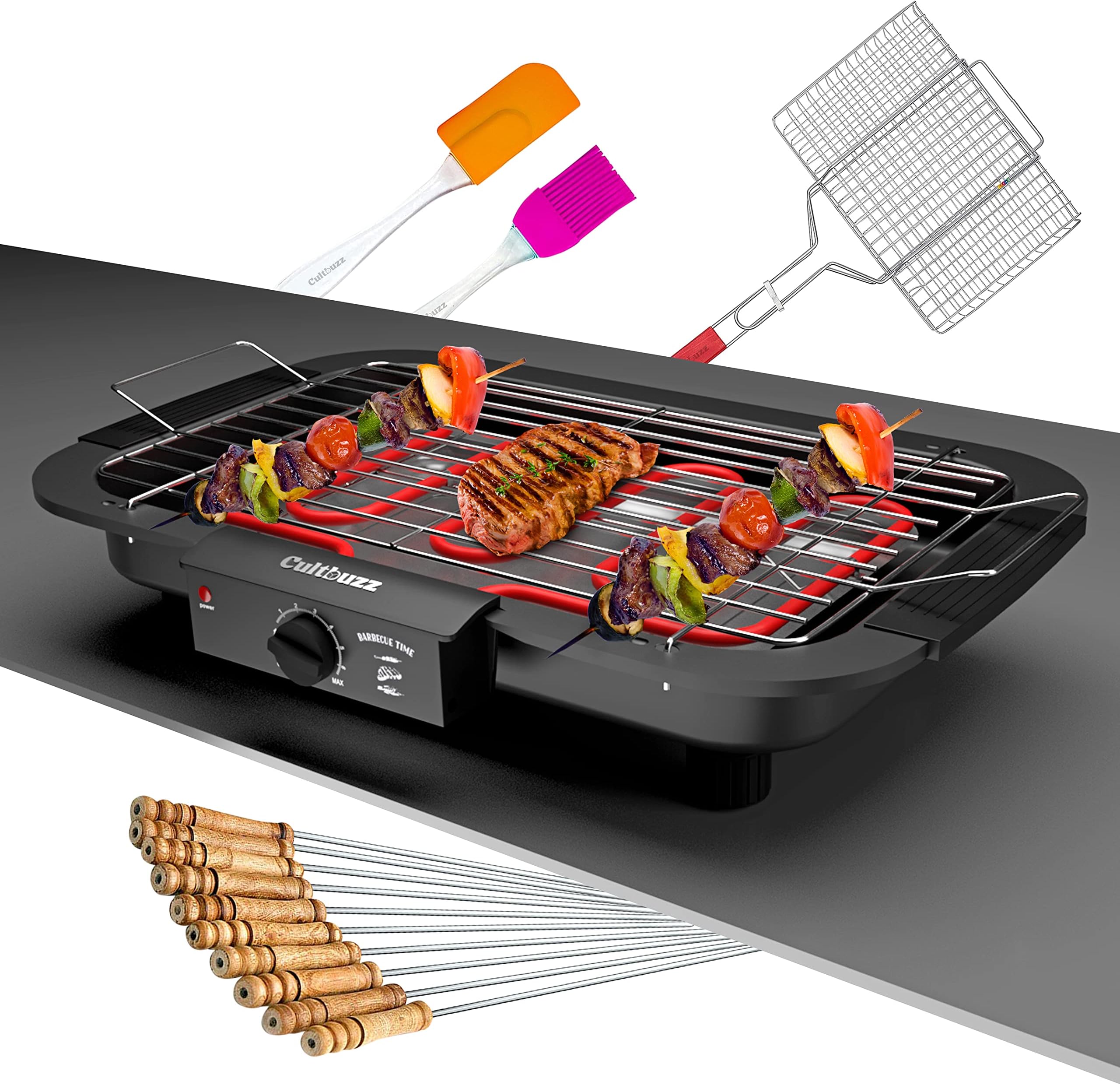 2000W Electric Barbecue Grill, Smokeless Portable Indoor Outdoor BBQ Grill with Adjustable Temperature Control and Removable Water Drip Tray (Stick, Net, Spatula & Oil Brush), Black
