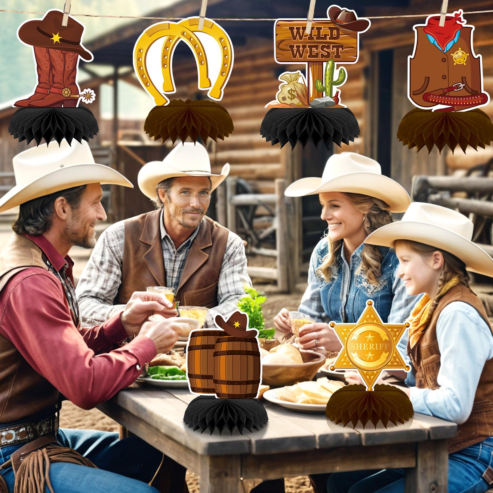 10 piezas de decoración de fiesta occidental, centros de mesa de panal de abeja de vaquero