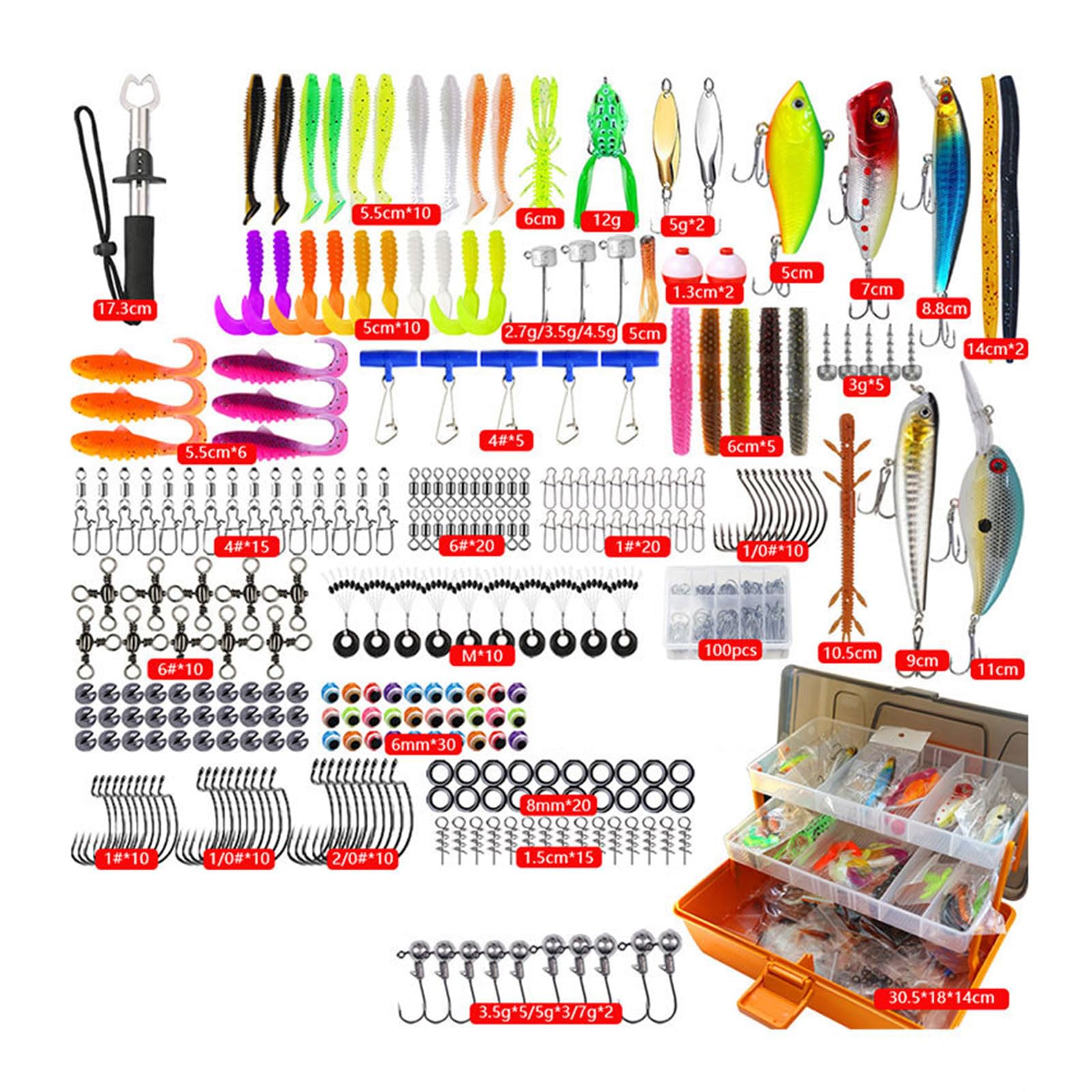 Premium 4 Section Fishing Equipment Holder with 547 Accessories Including Lures Pliers Fish Grip Bass Fishing Tackle Set