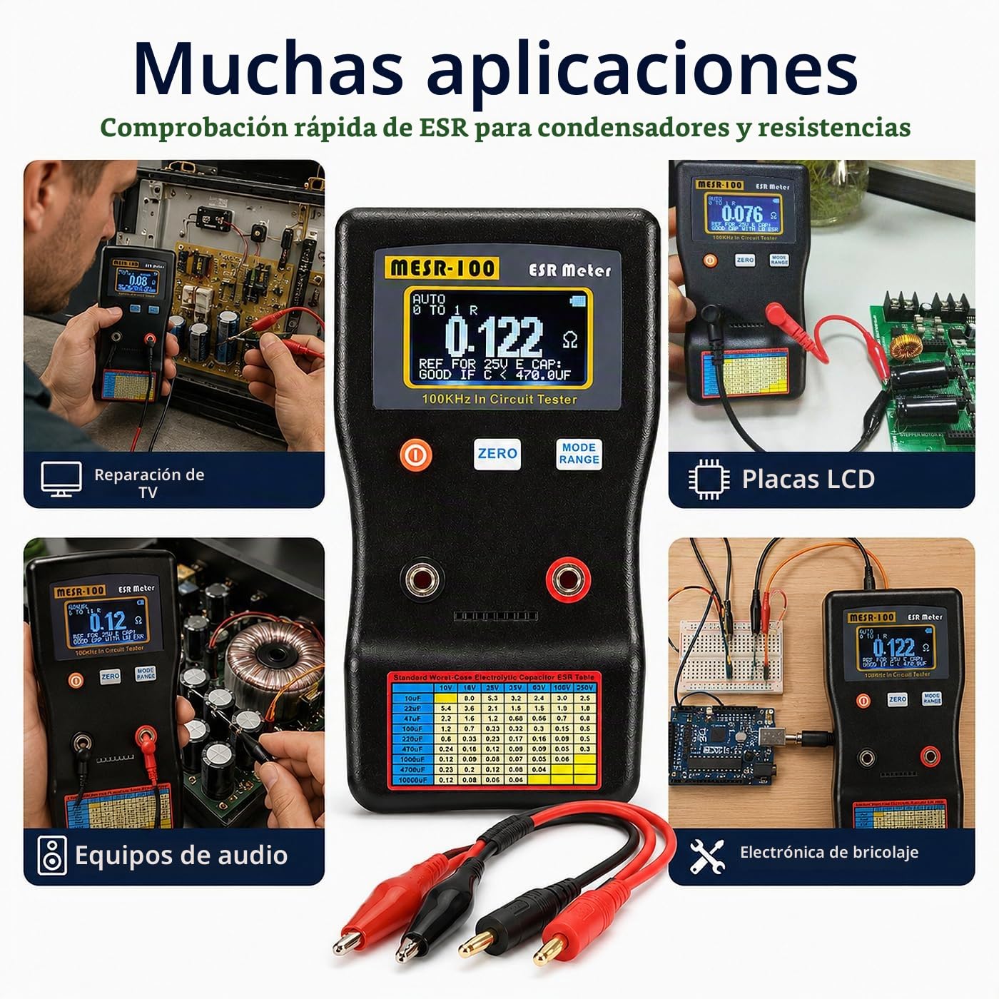MESR-100 Digital ESR Medidor, Automático Rango 0.001R A 100R Capacímetro Circuito Resistencia/Capacitancia Probador Ohmímetro Retroiluminación Multímetro, para Reparación Tv/Lcd/Placa de Audio