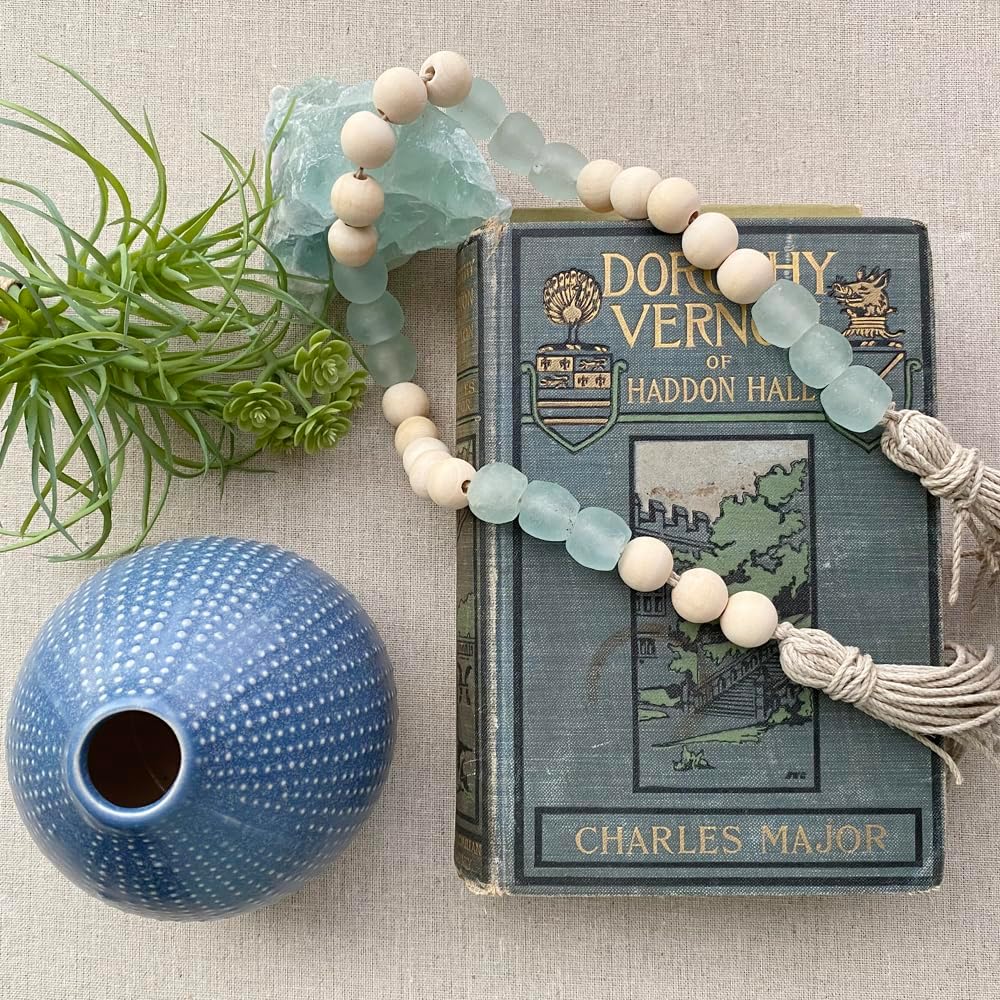 Small Coastal Home Decor with Wood and Glass Beads - Boho Bohemian Decor, Light Aqua Sea Glass Garland, Marine Water Ocean Colors - 27 inches Length (Beads are 16mm and 18mm)