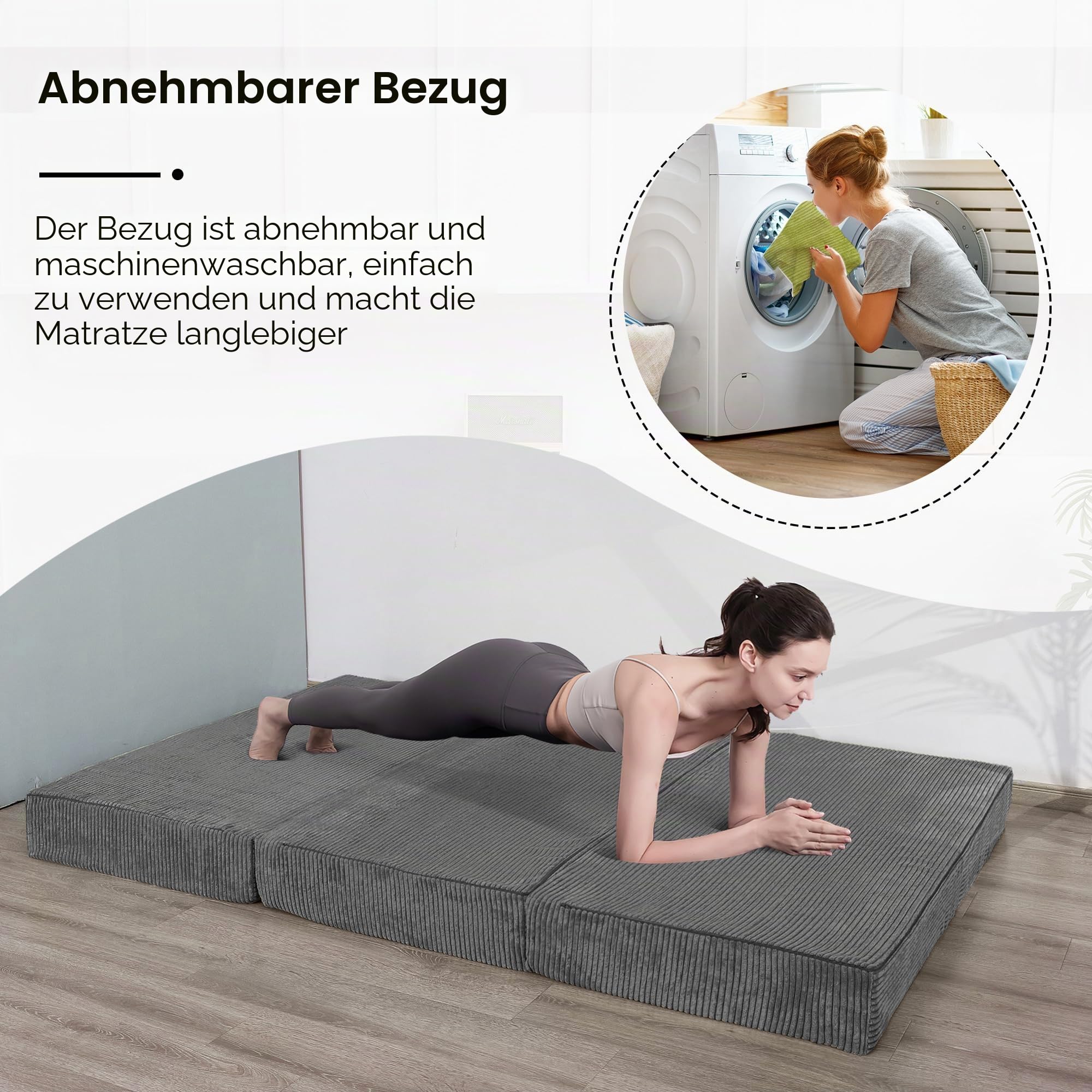 MAXYOYO Klappbare Cord-Matratze, dreifach Faltbare Bodenmatratze, 15 cm dick, mit waschbarem Bezug, in DREI Teile faltbar, platzsparend für Gäste (Anthrazit, Doppelbett)