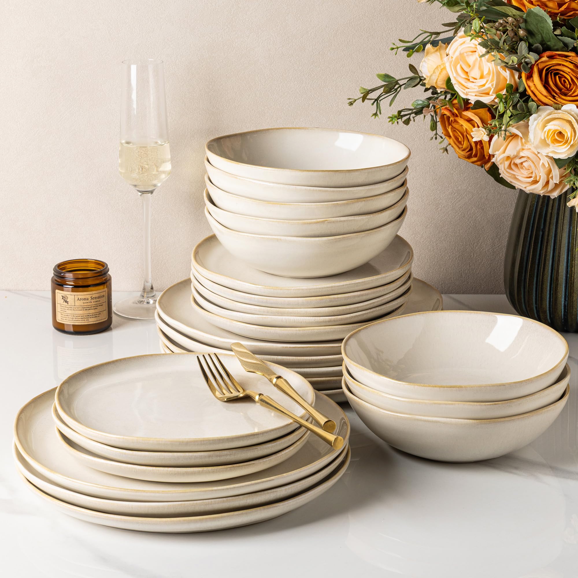 Stoneware Dinnerware Sets for 8,24 Piece Rustic Plates and Bowls Set