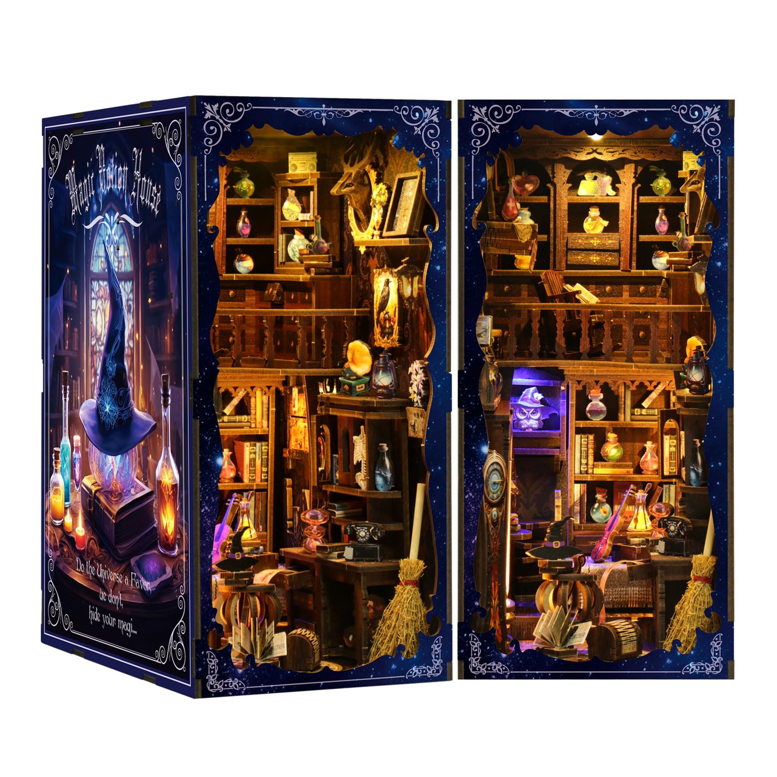 MaHo Book Nook Magic Lab - DIY Miniatur-Diorama fürs Bücherregal, 334 Teile, 11 x 18 x 23 cm, ab 12 Jahren - DIY Book Nook Kit aus Holz mit LED – 3D Puzzle Bücherregal Deko & DIY Buchstütze basteln