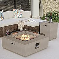 Vista 19 de COSIEST mesa de fogata a propano para exteriores de 35 pulgadas cuadrada de arenisca con protector contra el viento y mesa lateral, certificada
