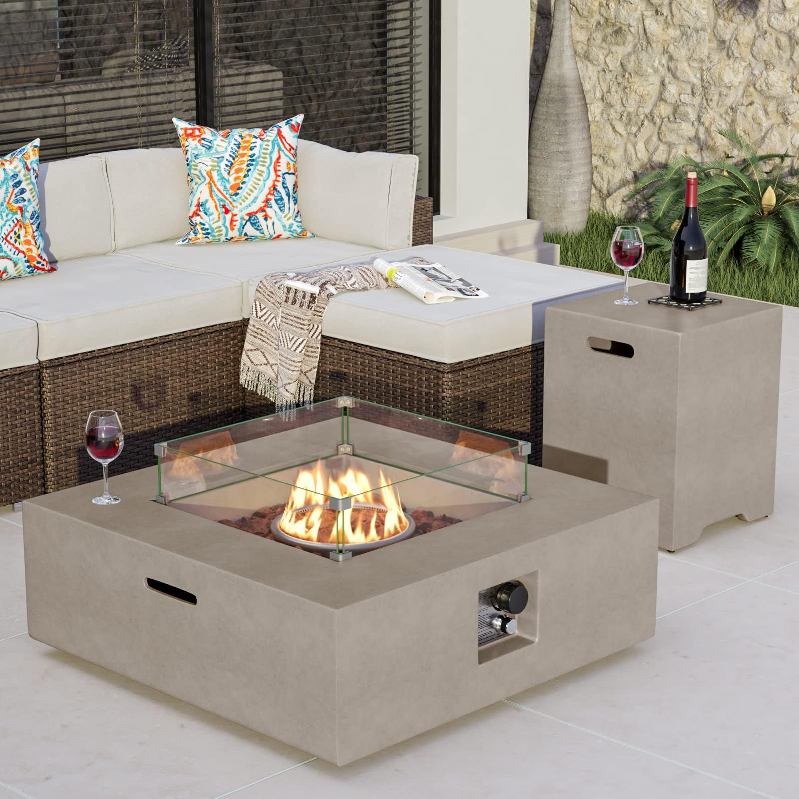 COSIEST 35-inch Square Outdoor Sandstone Propane Fire Pit w Wind Guard and Side Table, Certified, 50,000 BTU Stainless Steel Burner, Free Lava Rocks and Rain Cover, Metal Lid(Gray)