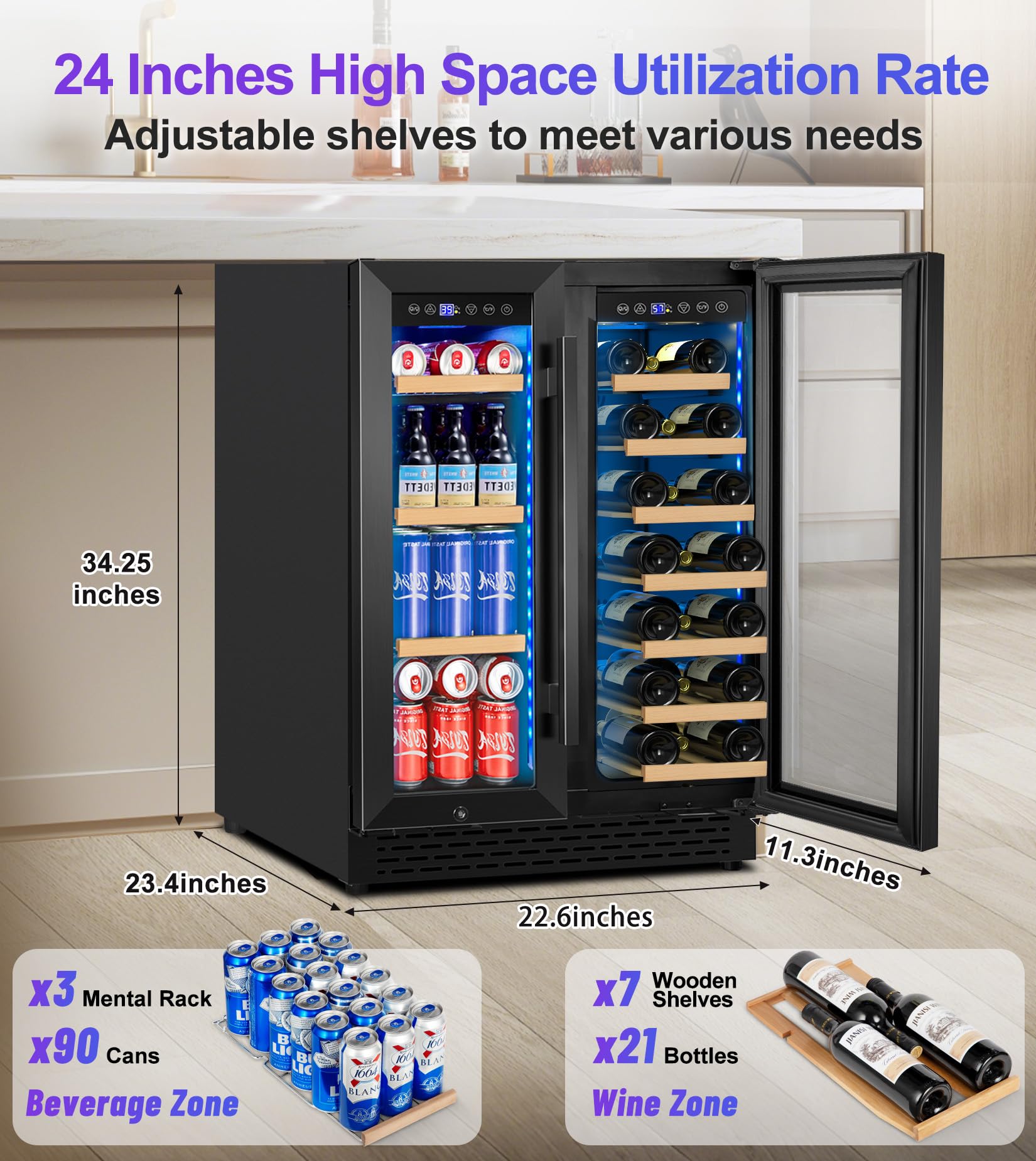 24 Inch Wine And Beverage Refrigerator, Dual Zone Wine Cooler Black, Undercounter Built-In Freestanding Drink Fridge With 3 LED Light, 88 Cans And 21 Bottles Capacity, For Beer Soda Kitchen Office on Fridge.com - View 6