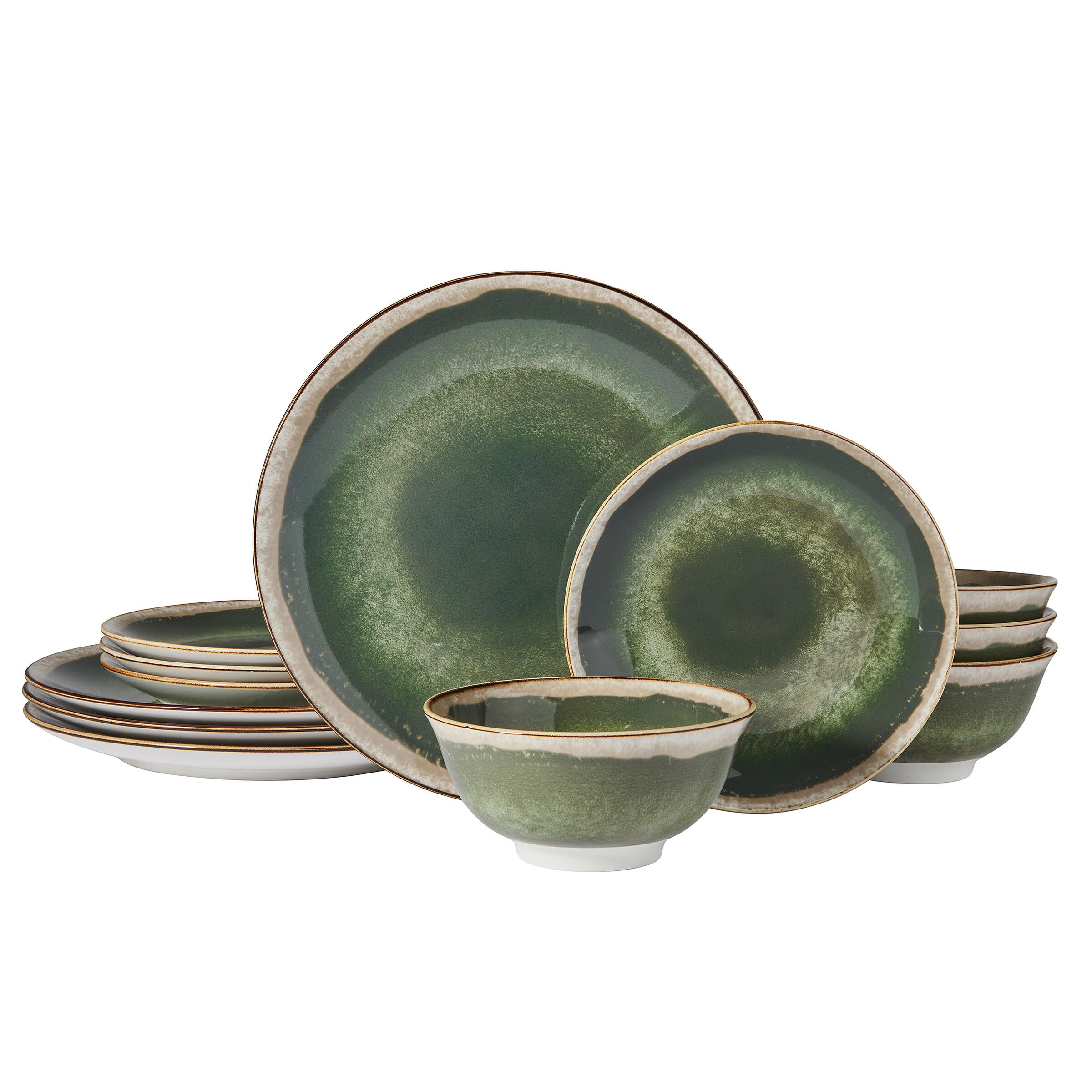 Glimmer Sage 12 Piece Porcelain Dinnerware Set Plates, Bowls