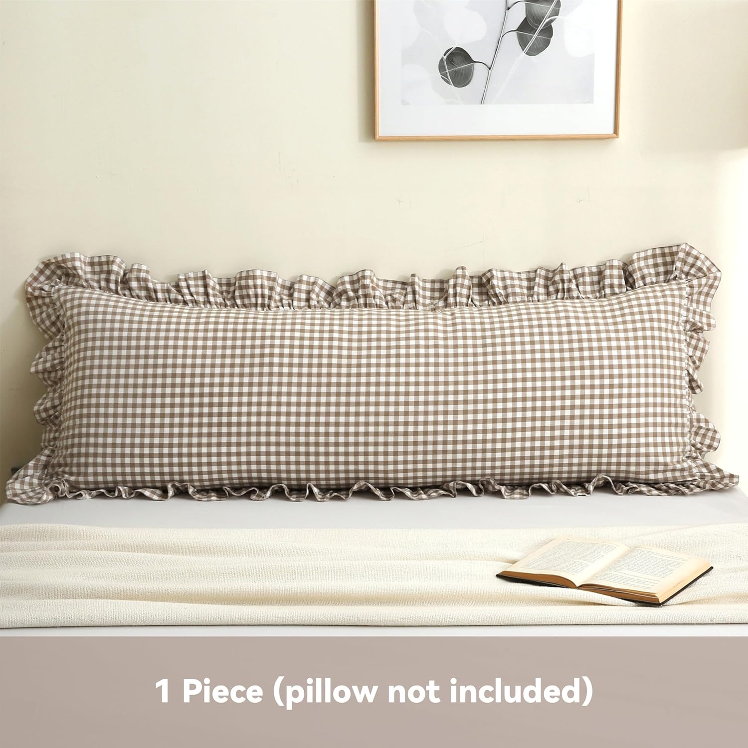 Vintage Gingham Ruffled Pillow Sham 20x54 Inches -Warm Taupe/White Plaid Farmhouse Decor | 100% Washed Cotton Checkered Body Pillow Cover for Bed, Sofa, Couch (1pc)