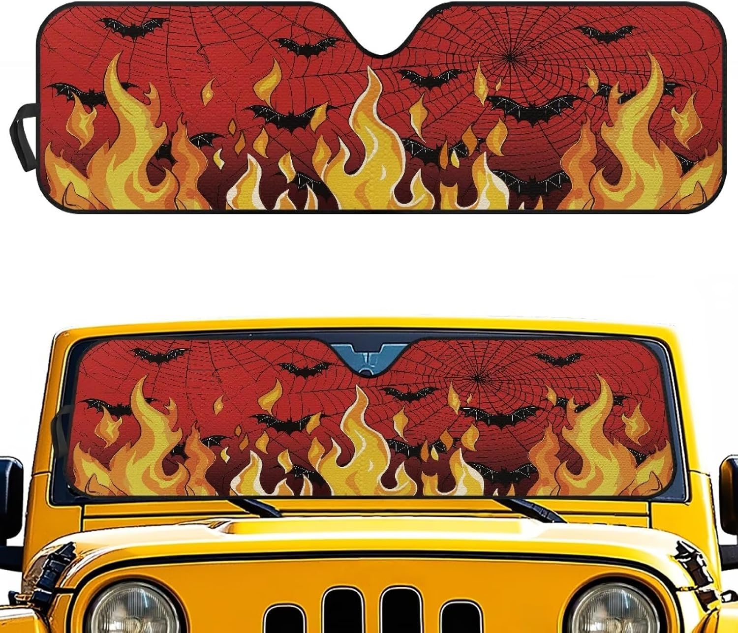 Tuoxiukan Halloween Car Sun Shade Windshield for Jeep Wrangler TJ JK JL &Gladiator JT 2/4 Door Easy to Fold Spider Web Fire Car Windshield Sunshade UV Rays Shade Reflective Sunshield Blocks Heat