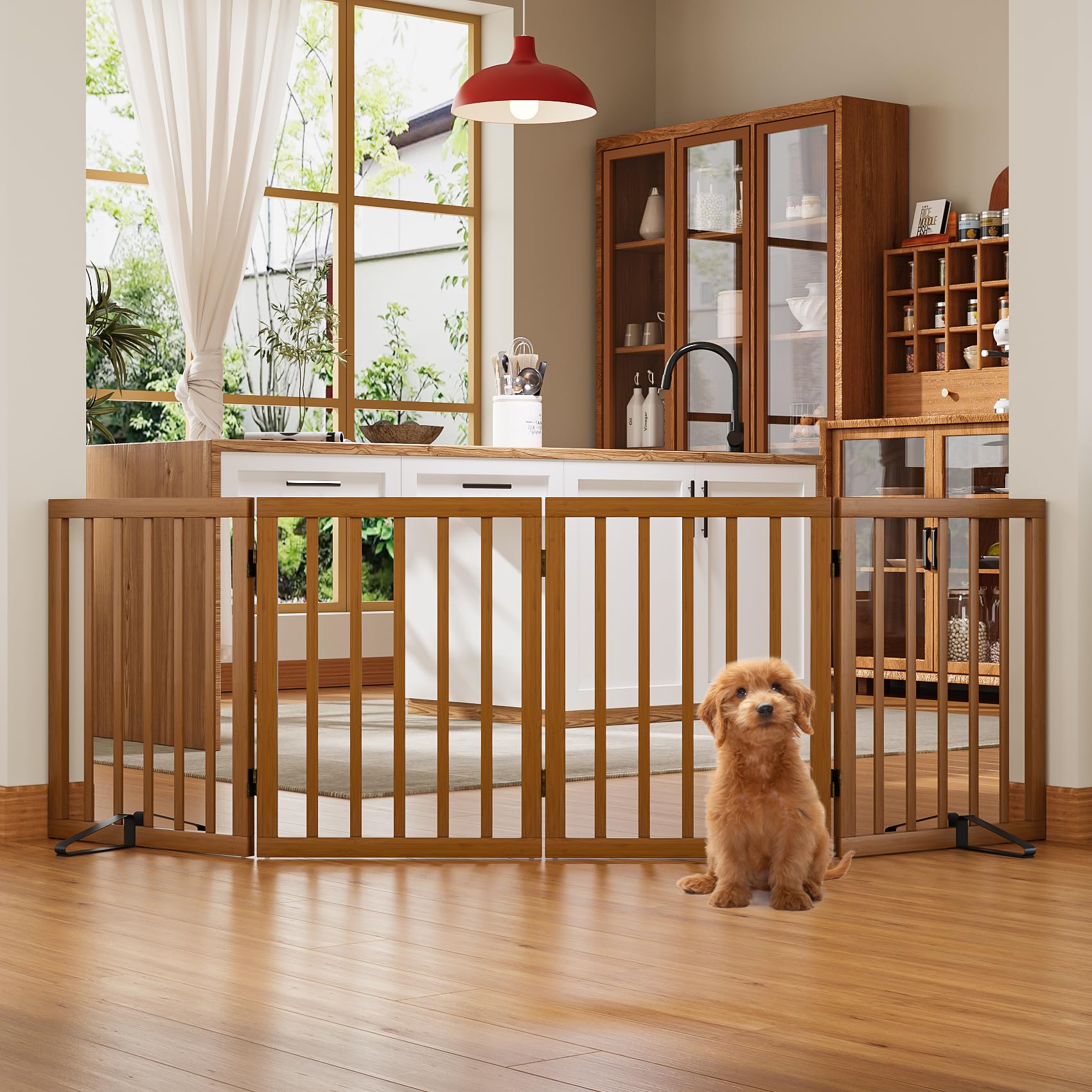 Morwdxef Freistehendes Hundegitter, Faltbares Hundebarriere für Tür,Treppen,Flur,Küche & Schlafzimmer, Freistehenden Haustiergitter aus Bambus, Absperrgitter Hund Schutzgitter mit 2 Stützfüßen