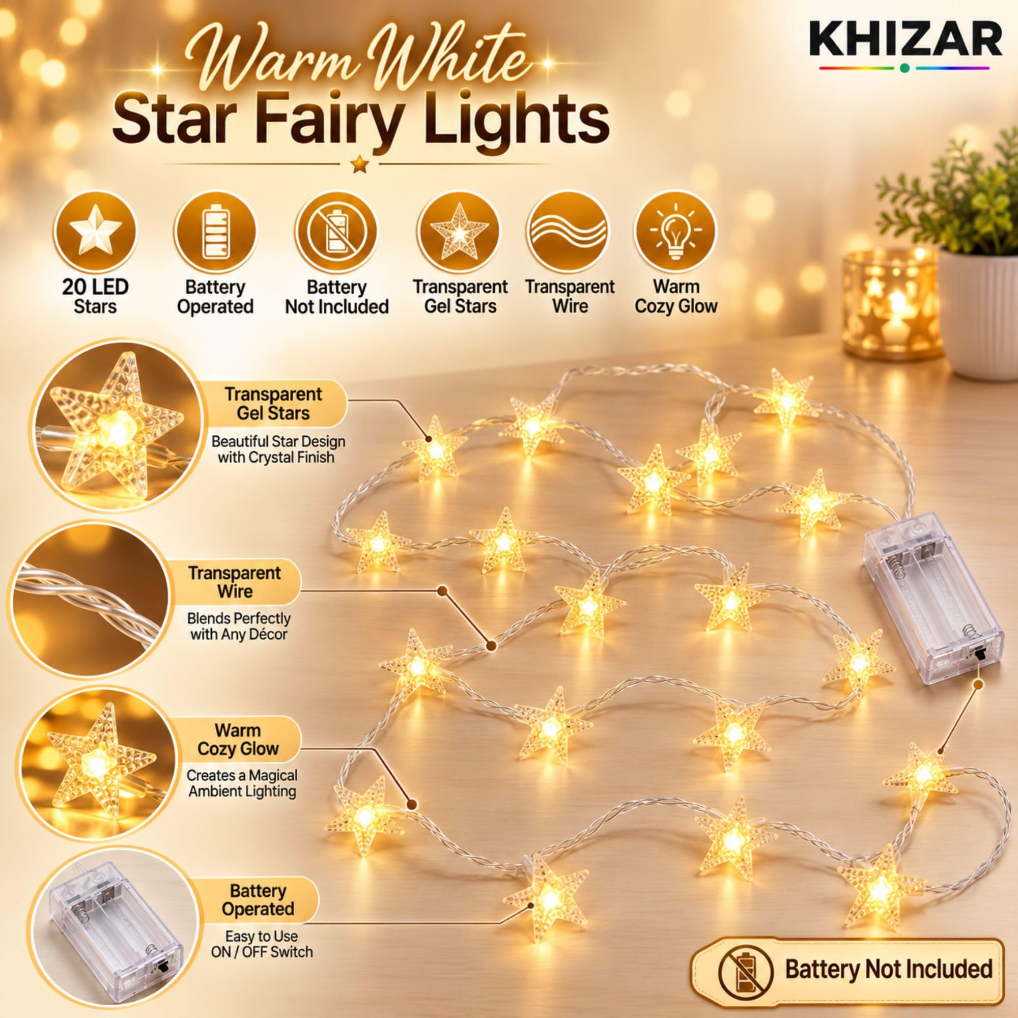 KHIZAR 20 LED Star Fairy String Lights, Battery Operated Decorative Lights with Transparent Gel Stars & Clear Wire, LED for Bedroom, Birthday, Festivals, Window, Gift Hamper & Home Décors 1