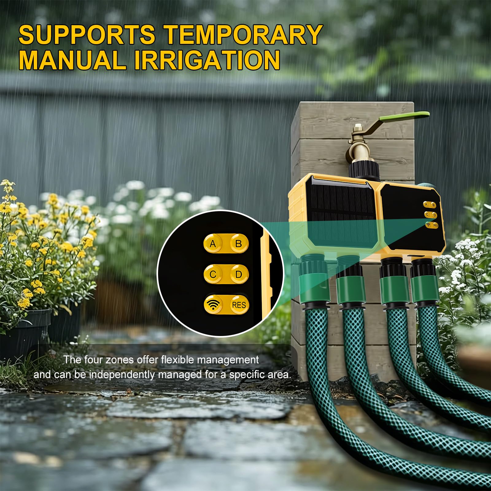 Smart Programador de riego WiFi 4 vías, Controlador de riego automático Remoto Wi-Fi, Solar y batería integrada, Modo de retraso en Caso de Lluvia, para Plantas de Interior, jardín