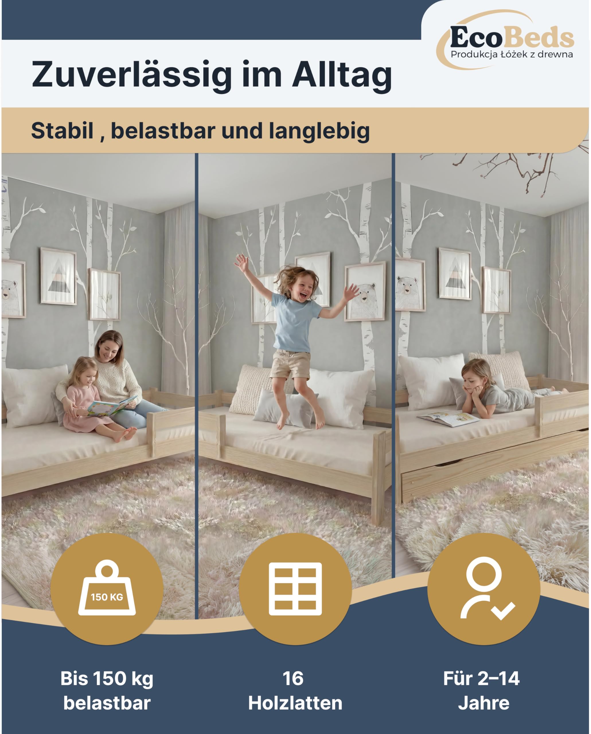 EcoBeds ALA Kinderbett 90x200 cm Kiefer Massivholz bis 150 kg | Weiß - mit Rausfallschutz, Lattenrost und Schublade zur Aufbewahrung, für Kinder und Jugendliche, einfache Montage