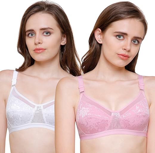 INKURV Women’s Non Padded, Non Wired Full Coverage Net Bra with Floral Design and Stretchable Cotton Blend Lining, Combo of 2