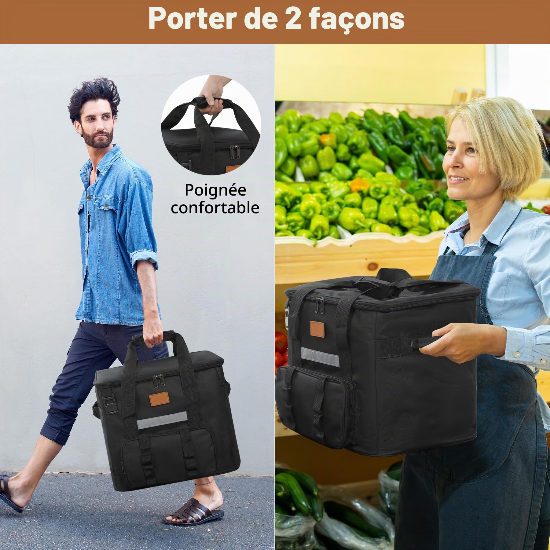REDCAMP Grand sac isotherme de 40 l avec poche avant et décapsuleur, sac isotherme XL étanche pour l'extérieur, le camping, le transport des aliments, noir